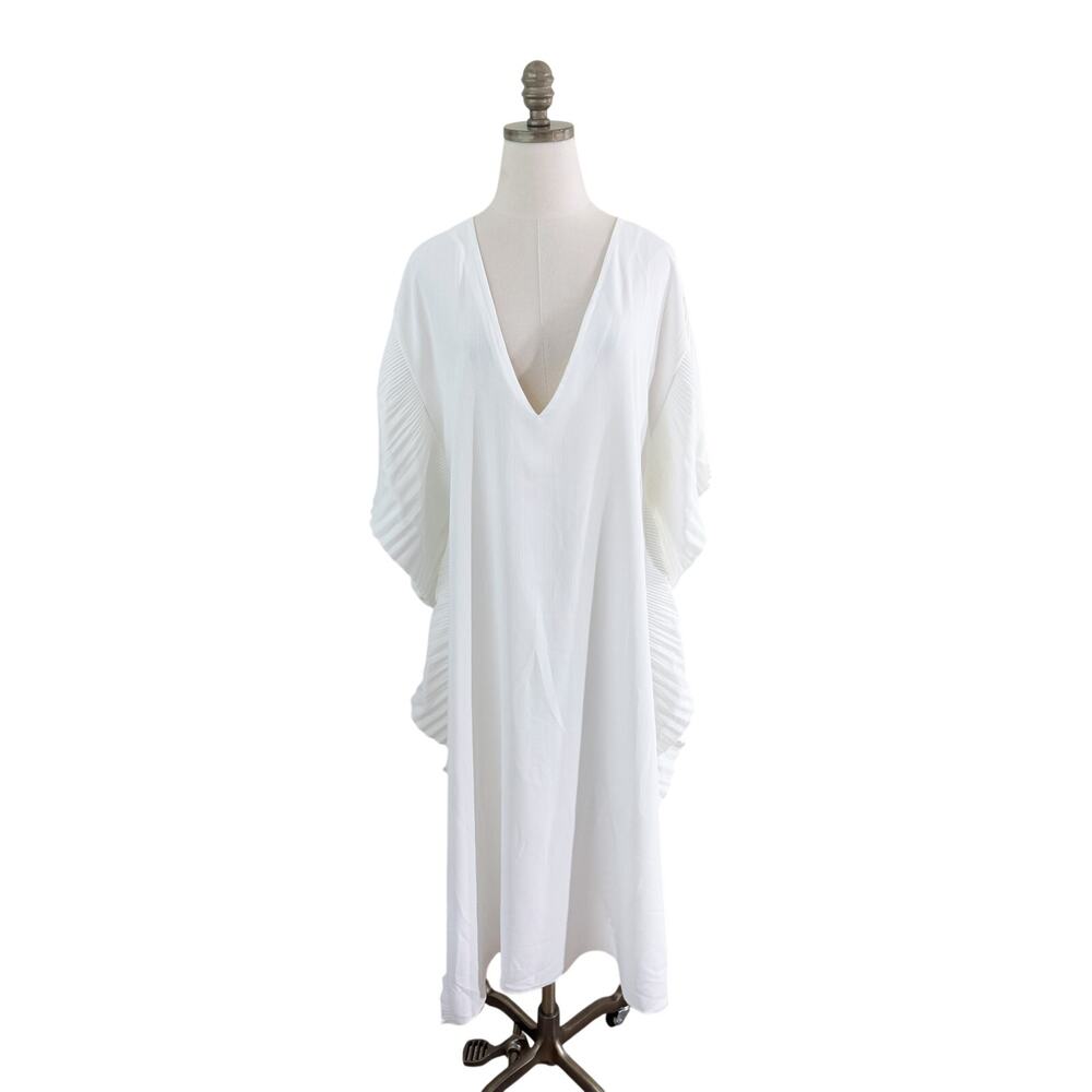 NWT Anthro White Pleated Ruffle Caftan/Coverup OS Deep V-Neck Batwing Sleeve